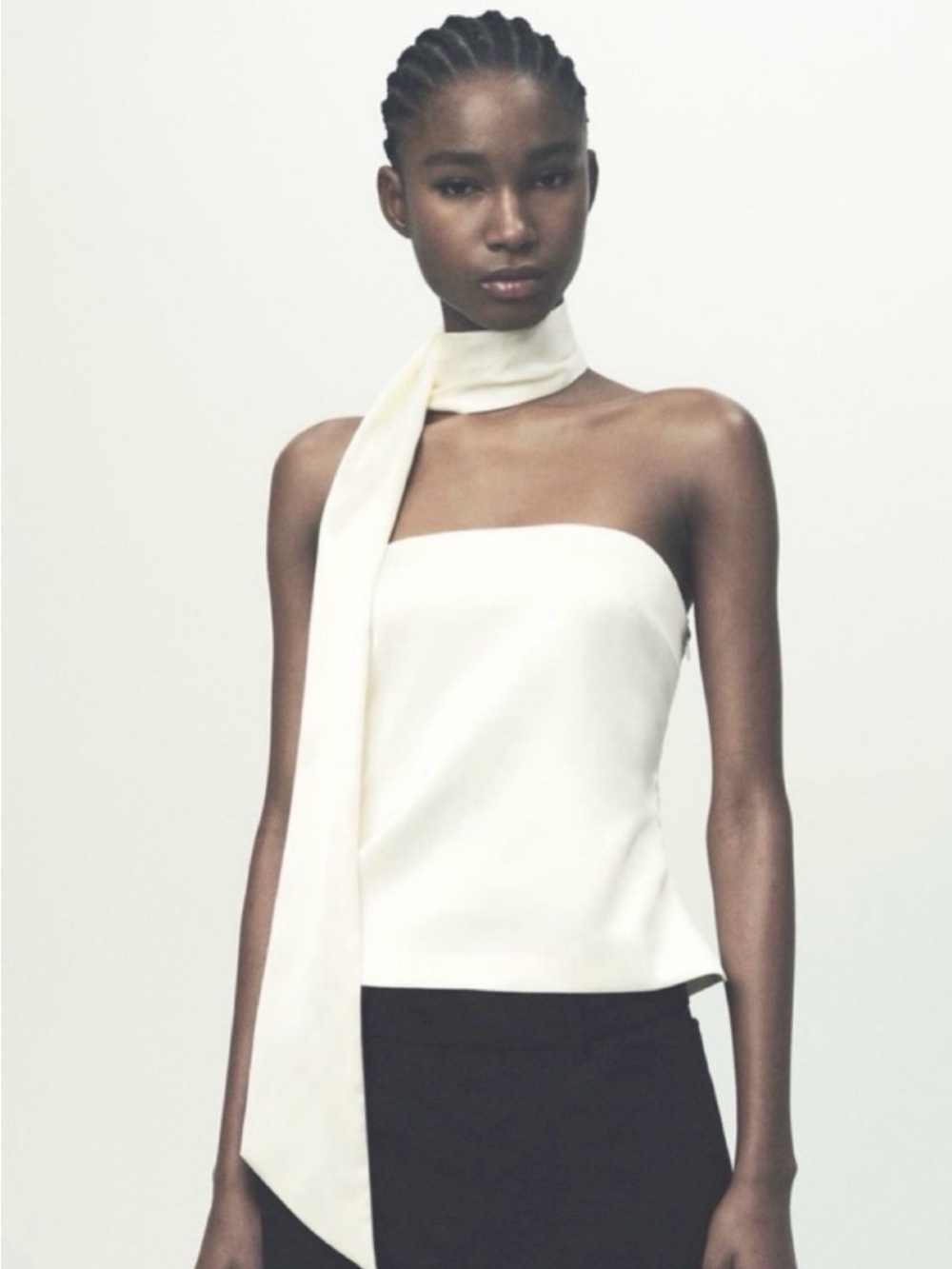 Strapless Satin Foulard cream Top with Attached Scarf
